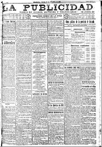 'La publicidad : diario de avisos noticias y telegramas. Eco fiel de la opinión y verdadero defensor de los intereses morales y materiales de Granada y su provincia' - Año XXX Número 8324 (16/12/1910)