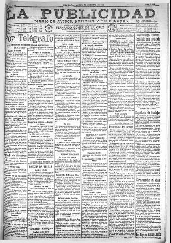 'La publicidad : diario de avisos noticias y telegramas. Eco fiel de la opinión y verdadero defensor de los intereses morales y materiales de Granada y su provincia' - Año XXX Número 8328 (18/12/1910)