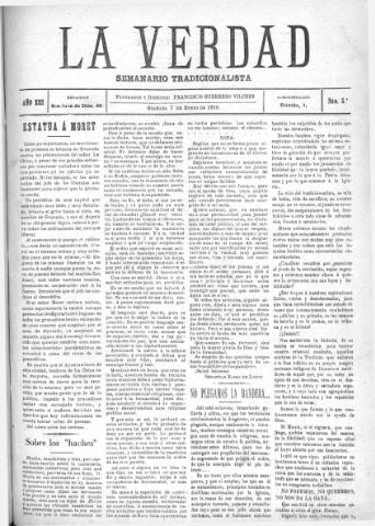 'La verdad : periódico tradicionalista' - Año XIII Número 5 (07/02/1910)