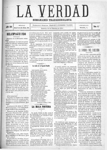 'La verdad : periódico tradicionalista' - Año XIII Número 6 (14/02/1910)