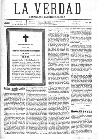 'La verdad : periódico tradicionalista' - Año XIII Número 19 (01/06/1910)