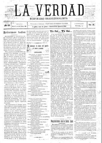 'La verdad : periódico tradicionalista' - Año XIII Número 28 (18/08/1910)
