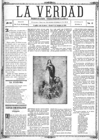 'La verdad : periódico tradicionalista' - Año XIII Número 41 (08/12/1910)