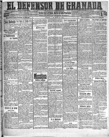 'El Defensor de Granada : diario político independiente' - Año XXXI Número 15098 (01/04/1910)