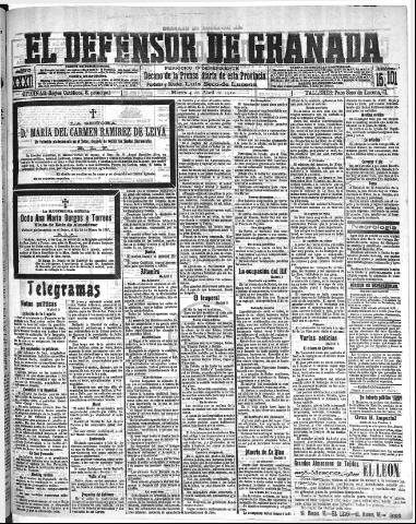 'El Defensor de Granada : diario político independiente' - Año XXXI Número 15101 (04/04/1910)