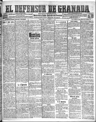 'El Defensor de Granada : diario político independiente' - Año XXXI Número 15103 (06/04/1910)