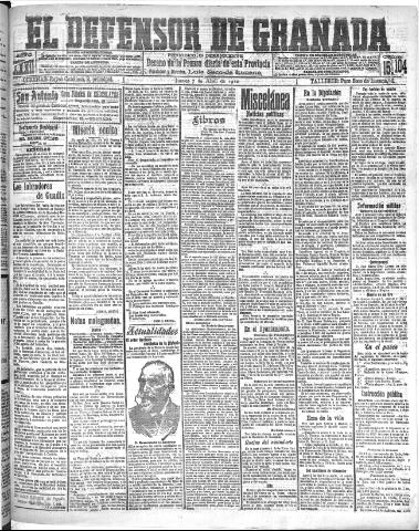 'El Defensor de Granada : diario político independiente' - Año XXXI Número 15104 (07/04/1910)