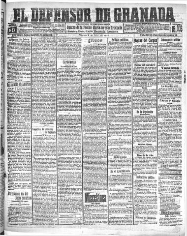 'El Defensor de Granada : diario político independiente' - Año XXXI Número 15105 (08/04/1910)