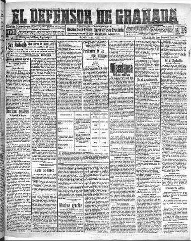 'El Defensor de Granada : diario político independiente' - Año XXXI Número 15106 (09/04/1910)