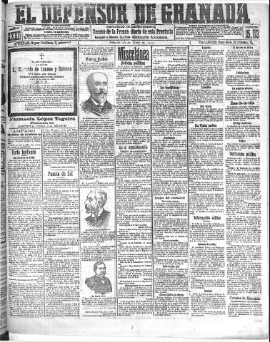 'El Defensor de Granada : diario político independiente' - Año XXXI Número 15113 (16/04/1910)