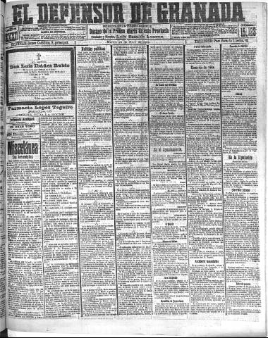 'El Defensor de Granada : diario político independiente' - Año XXXI Número 15123 (26/04/1910)