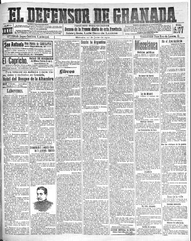 'El Defensor de Granada : diario político independiente' - Año XXXI Número 15177 (22/06/1910)