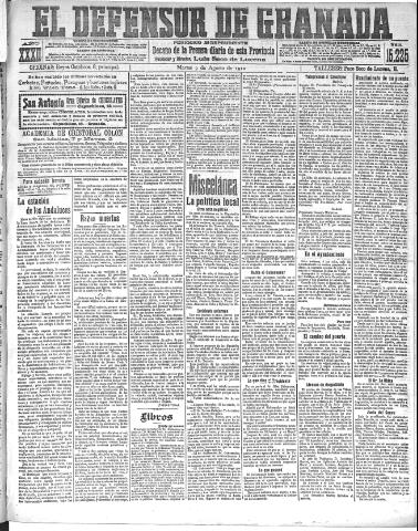 'El Defensor de Granada : diario político independiente' - Año XXXII Número 15225 (09/08/1910)