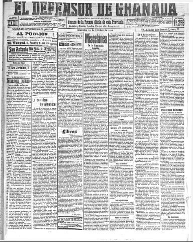 'El Defensor de Granada : diario político independiente' - Año XXXII Número 15296 (19/10/1910)