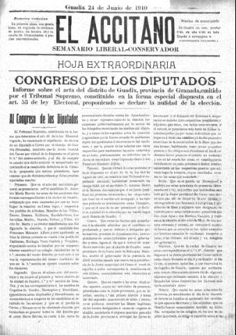 'El accitano: periódico científico, literario y de intereses generales de Guadix y su partido' - Año XX Número Núm. Extra (24/06/1910)