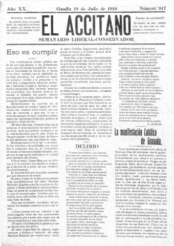 'El accitano: periódico científico, literario y de intereses generales de Guadix y su partido' - Año XX Número 917 (18/07/1910)
