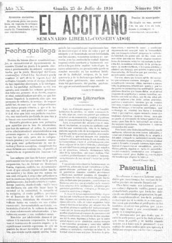 'El accitano: periódico científico, literario y de intereses generales de Guadix y su partido' - Año XX Número 918 (25/07/1910)