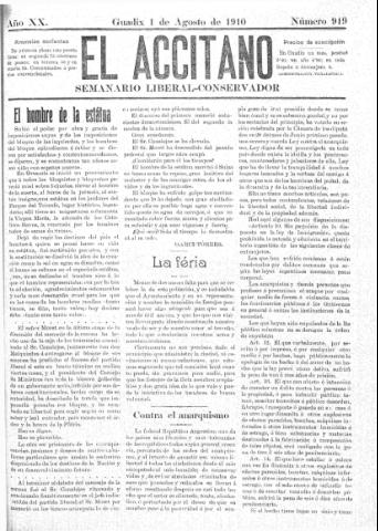 'El accitano: periódico científico, literario y de intereses generales de Guadix y su partido' - Año XX Número 919 (01/08/1910)