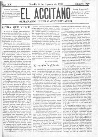 'El accitano: periódico científico, literario y de intereses generales de Guadix y su partido' - Año XX Número 920 (08/08/1910)