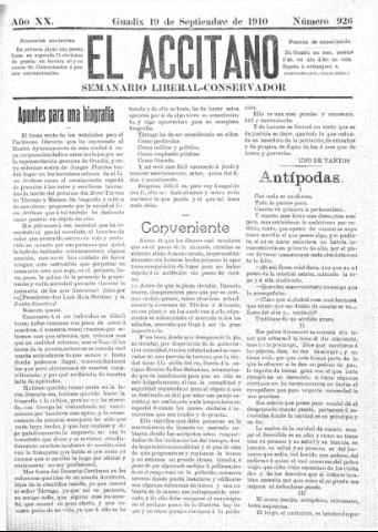 'El accitano: periódico científico, literario y de intereses generales de Guadix y su partido' - Año XX Número 926 (19/09/1910)