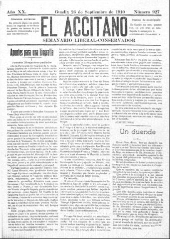 'El accitano: periódico científico, literario y de intereses generales de Guadix y su partido' - Año XX Número 927 (26/09/1910)