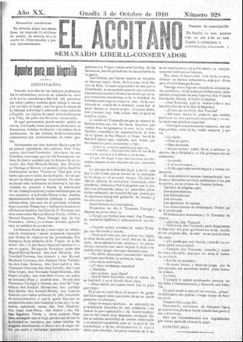 'El accitano: periódico científico, literario y de intereses generales de Guadix y su partido' - Año XX Número 928 (03/10/1910)