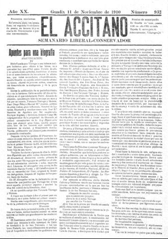 'El accitano: periódico científico, literario y de intereses generales de Guadix y su partido' - Año XX Número 932 (11/11/1910)