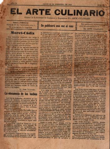 'El Arte culinario' - Año IV Número 15  - 28 febrero 1910