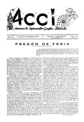 'Acci  : seminario informativo grafico - literario' - Año III Número 134  - 1957 septiembre 28