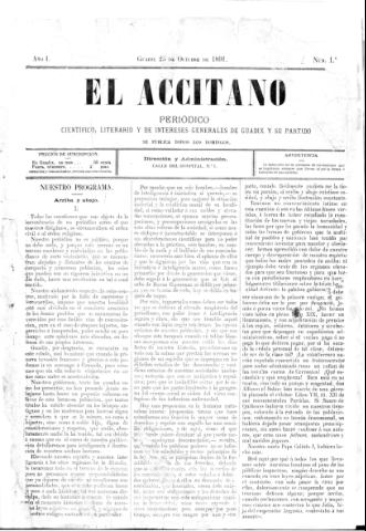 'El accitano  : periódico científico, literario y de intereses generales de Guadix y su partido' - Año I Número 1  - 1891 octubre 25