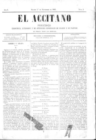 'El accitano  : periódico científico, literario y de intereses generales de Guadix y su partido' - Año I Número 2  - 1891 noviembre 1