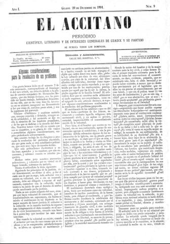 'El accitano  : periódico científico, literario y de intereses generales de Guadix y su partido' - Año I Número 9  - 1891 diciembre 20