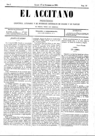 'El accitano  : periódico científico, literario y de intereses generales de Guadix y su partido' - Año I Número 10  - 1891 diciembre 27