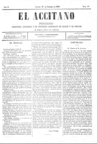 'El accitano  : periódico científico, literario y de intereses generales de Guadix y su partido' - Año II Número 19  - 1892 febrero 28