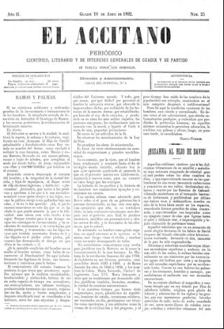 'El accitano  : periódico científico, literario y de intereses generales de Guadix y su partido' - Año II Número 25  - 1892 abril 10