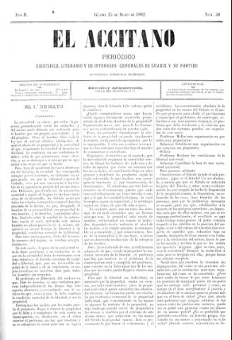 'El accitano  : periódico científico, literario y de intereses generales de Guadix y su partido' - Año II Número 30  - 1892 mayo 15
