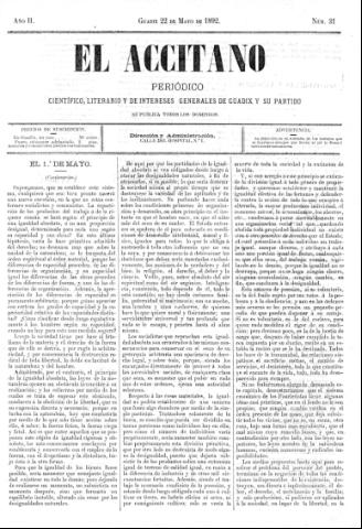 'El accitano  : periódico científico, literario y de intereses generales de Guadix y su partido' - Año II Número 31  - 1892 mayo 22