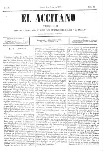 'El accitano  : periódico científico, literario y de intereses generales de Guadix y su partido' - Año II Número 33  - 1892 junio 5