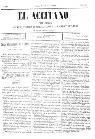 'El accitano  : periódico científico, literario y de intereses generales de Guadix y su partido' - Año II Número 36  - 1892 junio 26