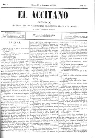 'El accitano  : periódico científico, literario y de intereses generales de Guadix y su partido' - Año II Número 47  - 1892 septiembre 18