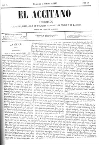 'El accitano  : periódico científico, literario y de intereses generales de Guadix y su partido' - Año  Número 52  - 1892 octubre 23