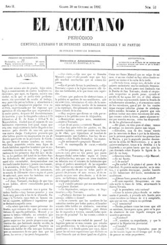 'El accitano  : periódico científico, literario y de intereses generales de Guadix y su partido' - Año  Número 53  - 1892 octubre 30