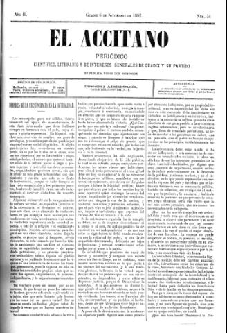 'El accitano  : periódico científico, literario y de intereses generales de Guadix y su partido' - Año  Número 54  - 1892 noviembre 6