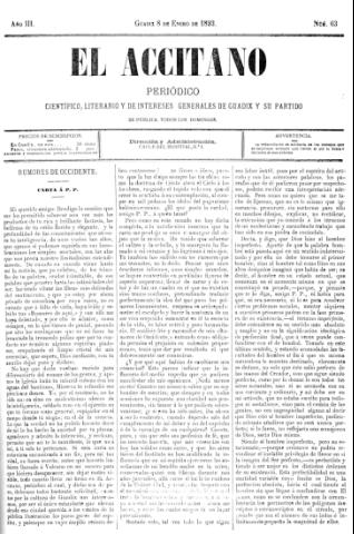 'El accitano  : periódico científico, literario y de intereses generales de Guadix y su partido' - Año III Número 63  - 1893 enero 8