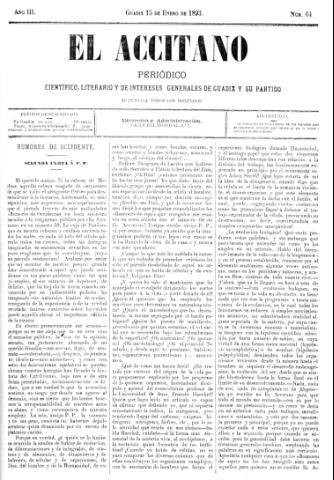 'El accitano  : periódico científico, literario y de intereses generales de Guadix y su partido' - Año III Número 64  - 1893 enero 15