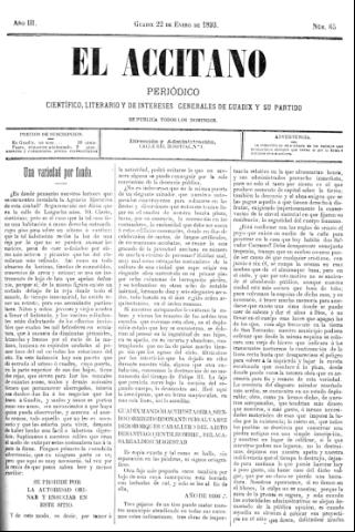 'El accitano  : periódico científico, literario y de intereses generales de Guadix y su partido' - Año III Número 65  - 1893 enero 22