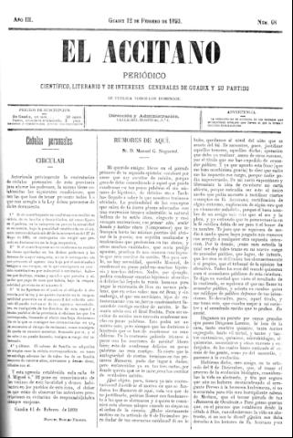 'El accitano  : periódico científico, literario y de intereses generales de Guadix y su partido' - Año III Número 68  - 1893 febrero 12