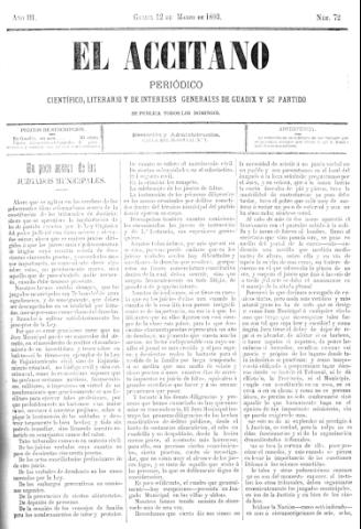 'El accitano  : periódico científico, literario y de intereses generales de Guadix y su partido' - Año III Número 72  - 1893 marzo 12