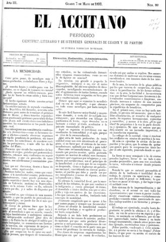 'El accitano  : periódico científico, literario y de intereses generales de Guadix y su partido' - Año III Número 80  - 1893 mayo 7