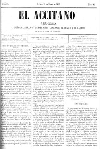 'El accitano  : periódico científico, literario y de intereses generales de Guadix y su partido' - Año III Número 81  - 1893 mayo 14